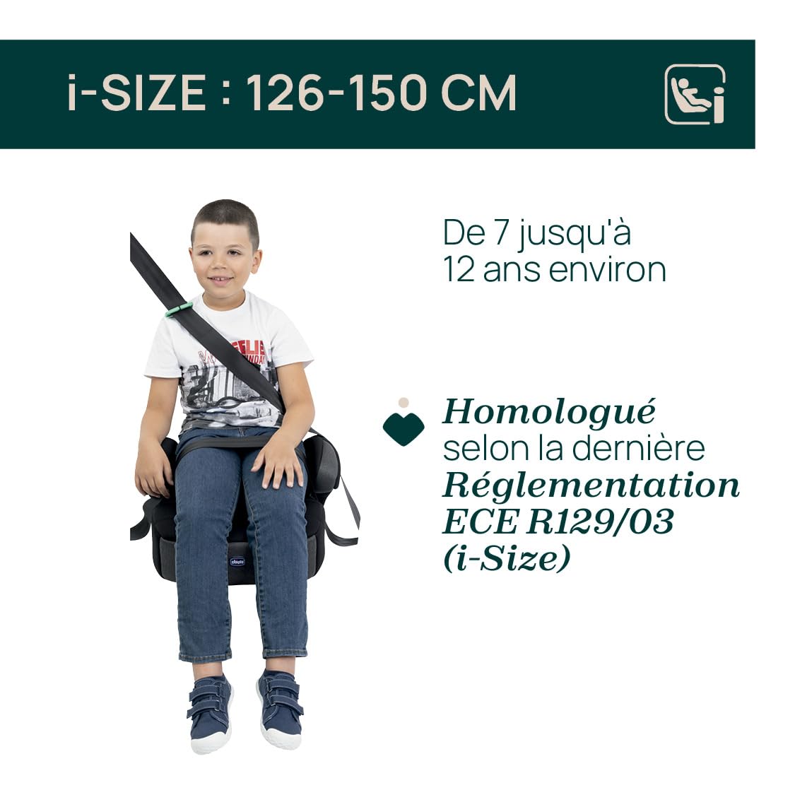 Chicco, Quasar Fix i-Size, Fotelik Podwyższający dla Dziecka 7-12 lat 126-150 cm, Łatwy Montaż za Pomocą 3-punktowego Pasa, z Prowadnicą Pasa, Stone
