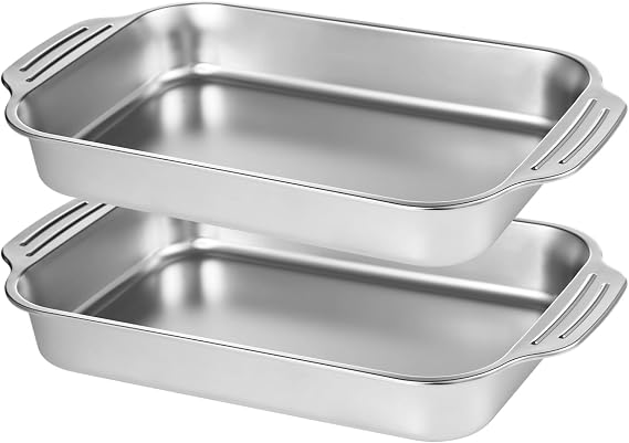 2 Pcs Stainless Steel Cake Pans, 9x13 Rectangular Baking Pans with Silicone Brush & Spatula, Cake Baking Trays with Double Handle, Rectangle Baking Bakeware for Breads, Meats