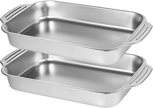 2 Pcs Stainless Steel Cake Pans, 9x13 Rectangular Baking Pans with Silicone Brush & Spatula, Cake Baking Trays with Double Handle, Rectangle Baking Bakeware for Breads, Meats