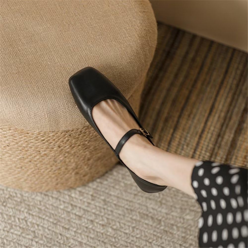 TN TANGNEST Women's Leather Flats Comfortable Square Toe Dress Flats Retro Soft Mary Jane Flats Black 41(8.5) - Image 5