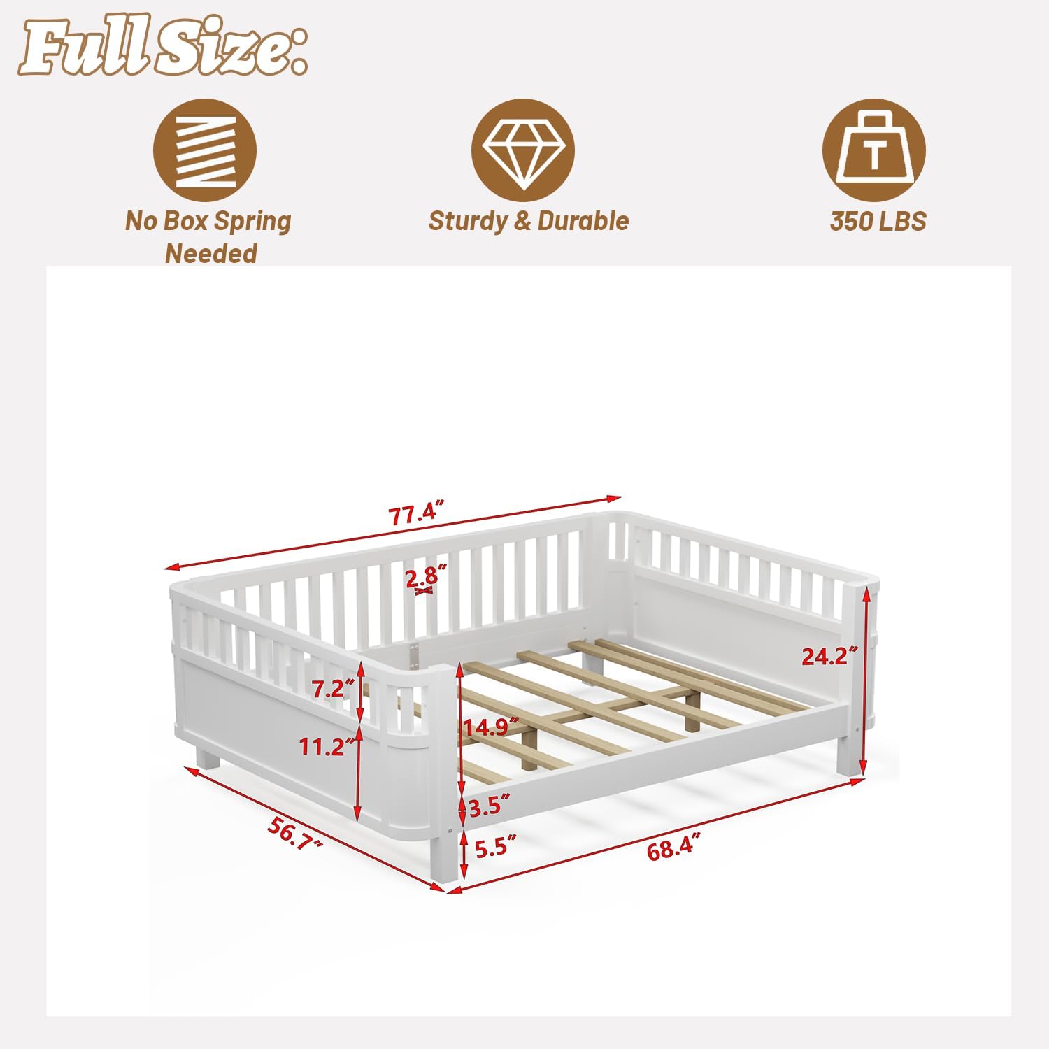 Diagram showing the dimensions of the OYUMOENTS Full Size bed frame, including length, width, and height measurements.