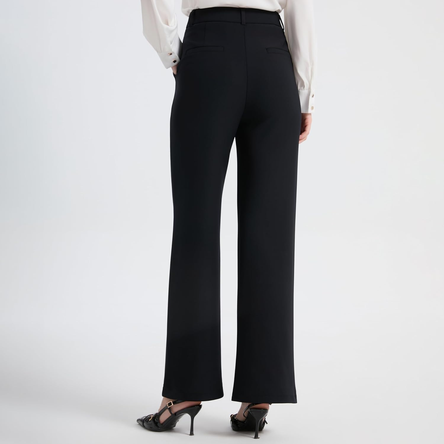 Women's Wide Leg Palazzo Pants, Black, High Waist Casual Work Trousers with Pockets, Polyester