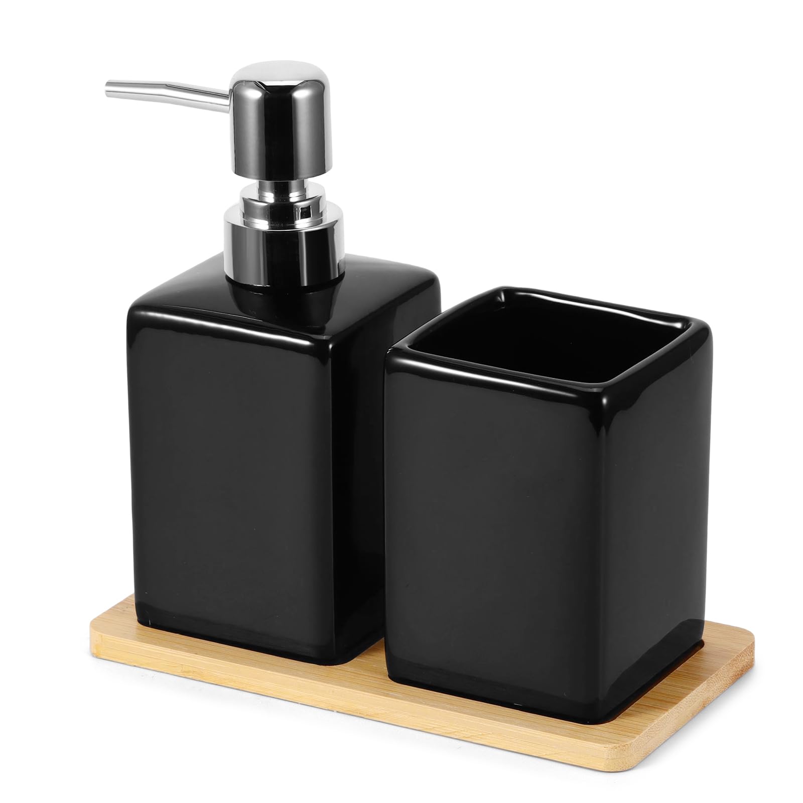 Bathroom Accessories Set, 3Pcs Soap Dispenser Toothbrush Holder & Bamboo Tray, Contemporary Ceramic Bathroom Set Reusable for Bathroom, Washbasin, Sink, Bathtub(Black)