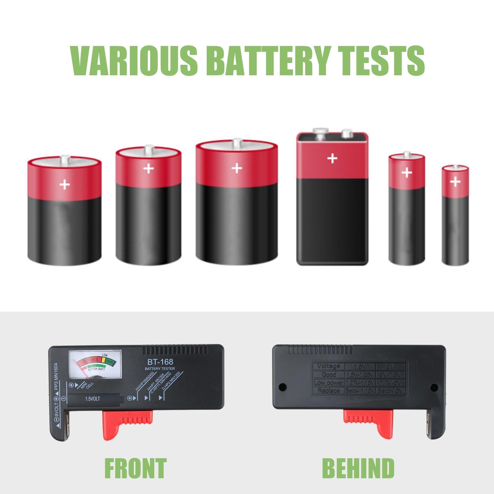 Testeur de Piles Universel, Testeur Pile Numérique pour AA, AA, C, D, PP3, 9V, 1.5V, Piles Bouton,Fonctionne Sans Pile,Testeur Piles Idéal pour Tester vos Anciennes Batteries (Modèle: BT-168)