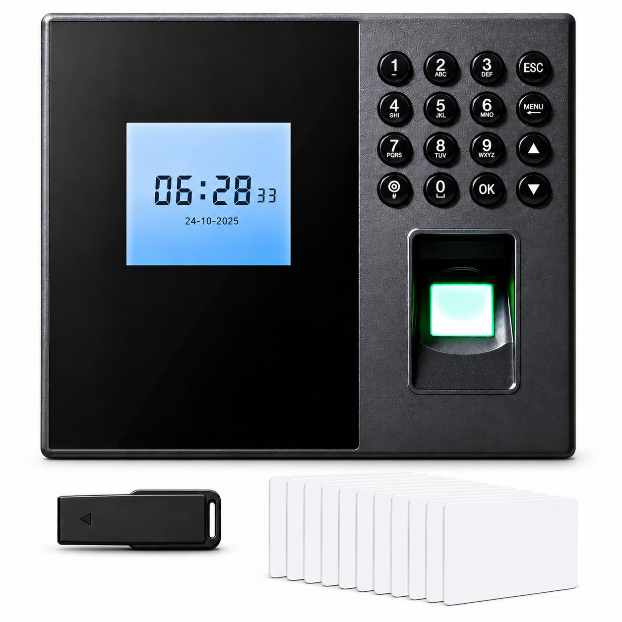 Máquinas de Asistencia para empleados, Relojes biométricos con lectores de Huellas Dactilares, Tarjetas y contraseñas, sin suscripción, para PYMES (Reloj de Control +10 Tarjetas RFID)