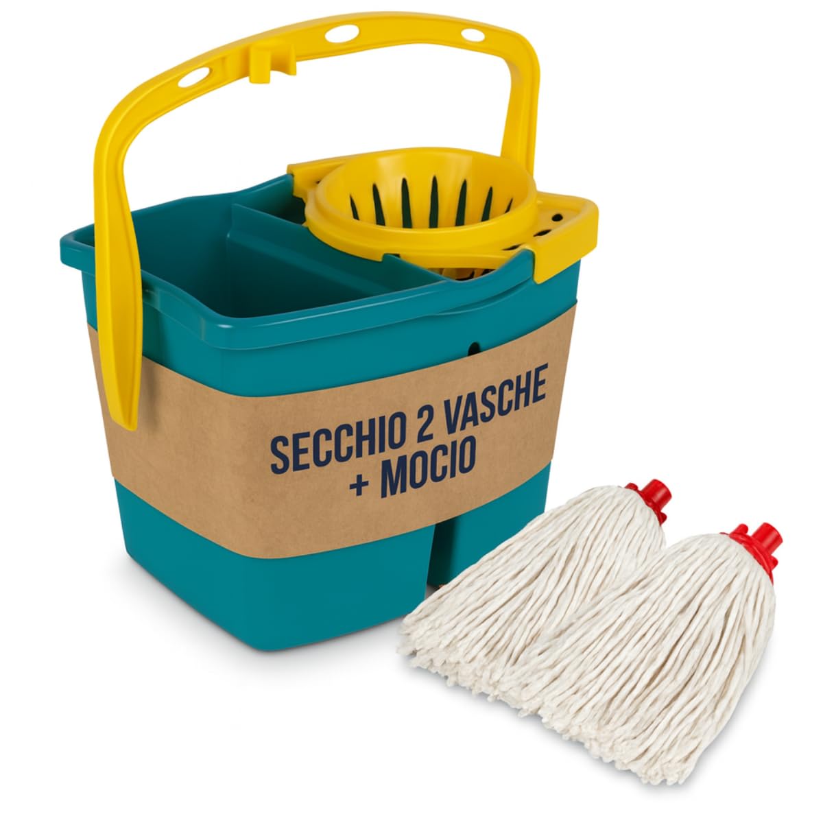 Tomaino - Doppelter Bodenwischer aus Kunststoff - Bodenwischer 7 Liter mit Sieb - 2 Becken für sauberes und schmutziges Wasser (Eimer + 2 Ersatzbaumwolle)