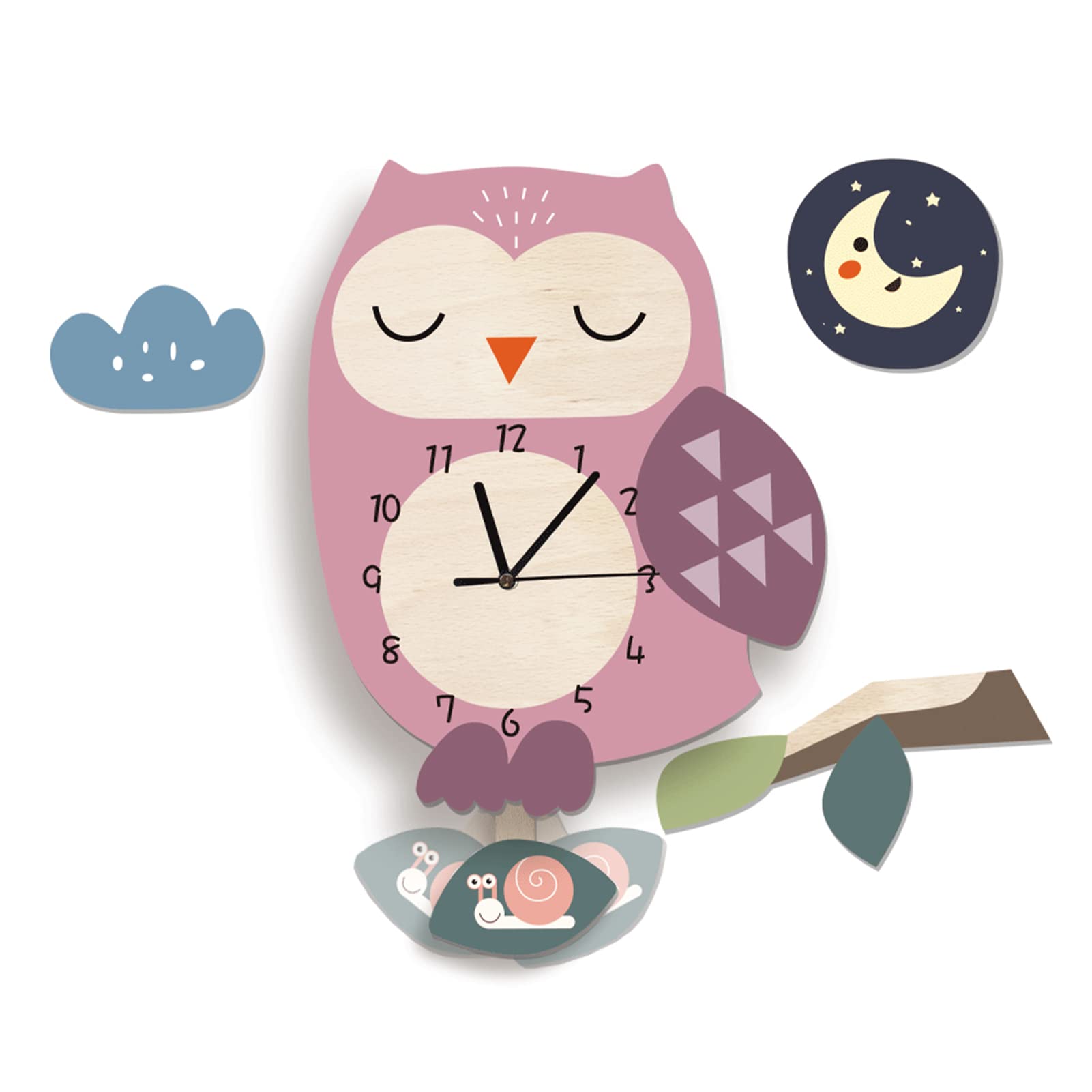 TREELF Cartoon Wall Clock Child Silent Hanging Clock with Pendulum for Kids Rooms (Owl)