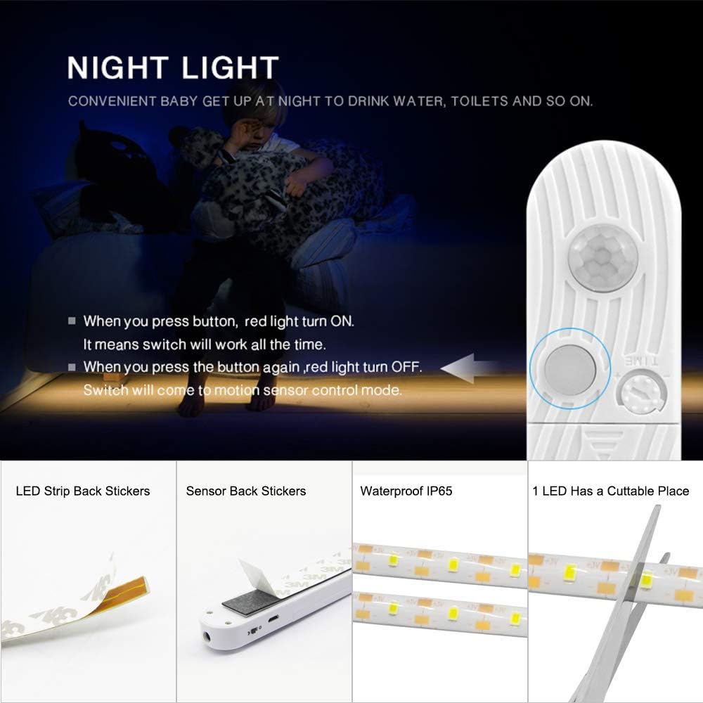 Under Cabinet Lights, 3M/10FT LED Bed Stairs Wardrobe Strip Lights Motion Sensor, 5V USB & Battery Powered Closet Night Tape Lights Four Modes, Waterproof - Warm White, 3M x 2 Pack