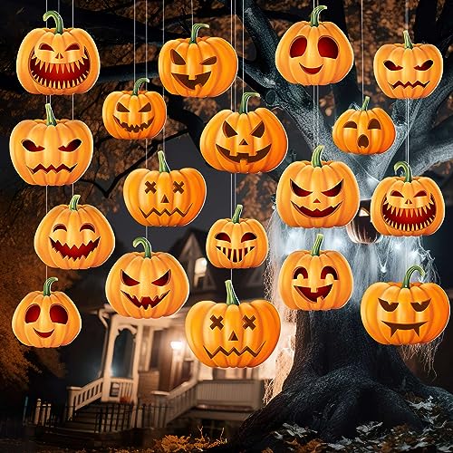 Soaoo 12 Pcs Halloween Decoration Outdoor Hanging Double Side Pumpkins 8.5 x 9 Inch Large Flying Plastic Halloween Outdoor Decor for Hanging in the Tree Porch Yard Lawn Indoor