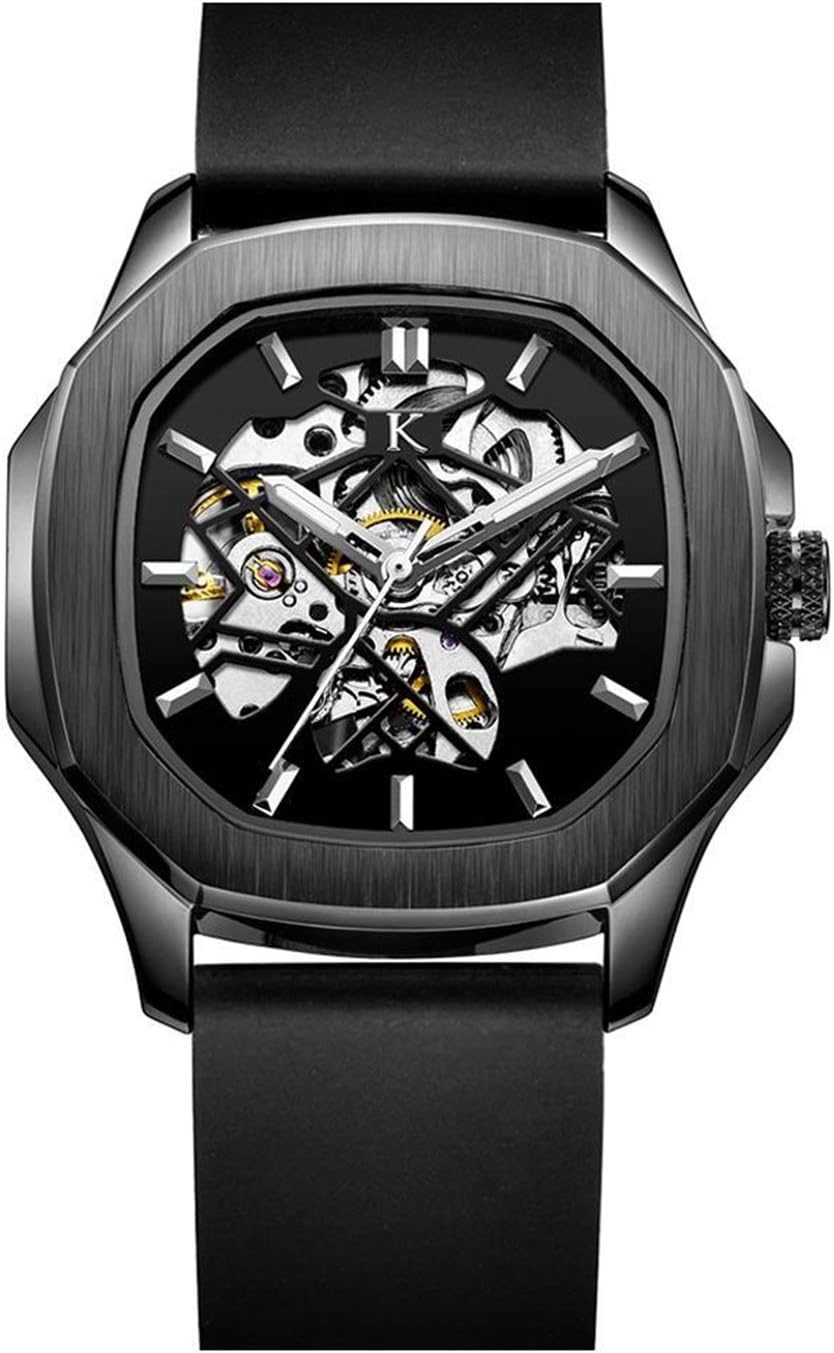 Kredo OTUS Black Mechanical Automatic Skeleton Ananlouge Self-Winding Water Resistant Stainless Steel Wrist Watch for Men-KW045 | Black Silicon Strap Octagonal Dial | Designed in Amsterdam