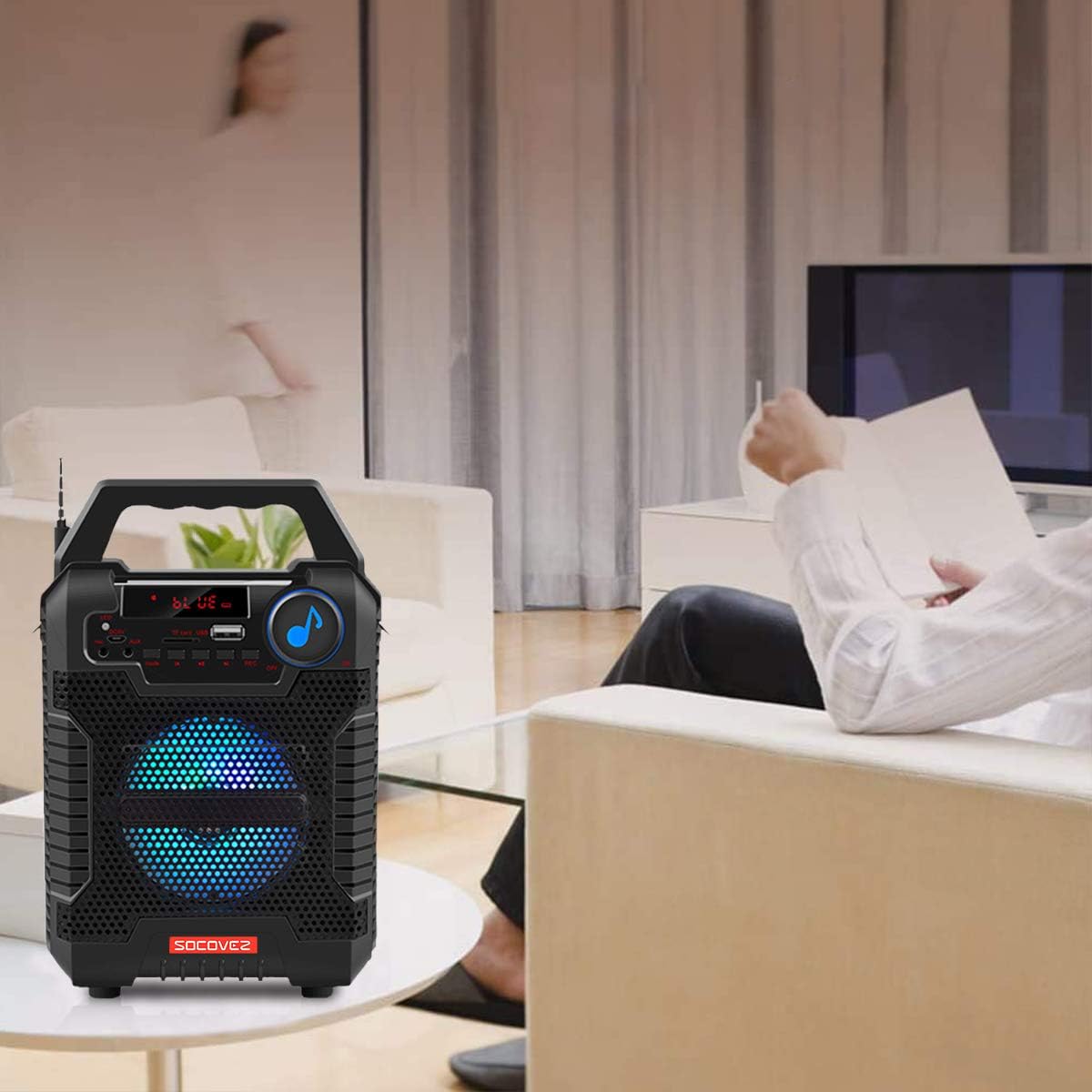 SOCOVEZ Portable Bluetooth Speaker with LED Lights, Speakers Bluetooth Wireless Support Audio Recording Remote Control, Portable Speaker TF Card LCD Display for Home Party Phone Computer PC