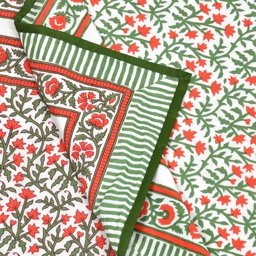 Image of BLOCKS OF INDIA Hand Block Printed Cotton Single Size Reversible Malma Dohar for Summer (Red Green Jaal, 200 Tc)
