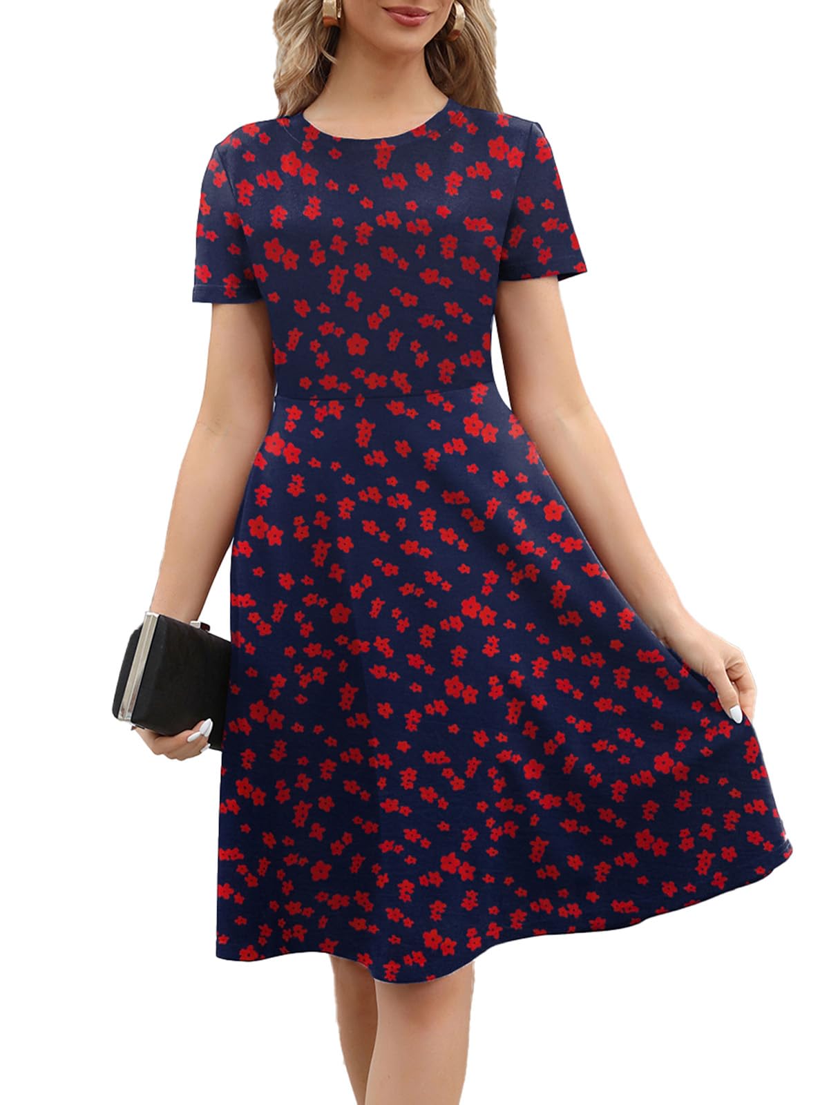 Women's 2026 Fit and Flare Dress Summer Casual Elegant Vintage Floral Printed Work Party A-line Dress with Pockets 162