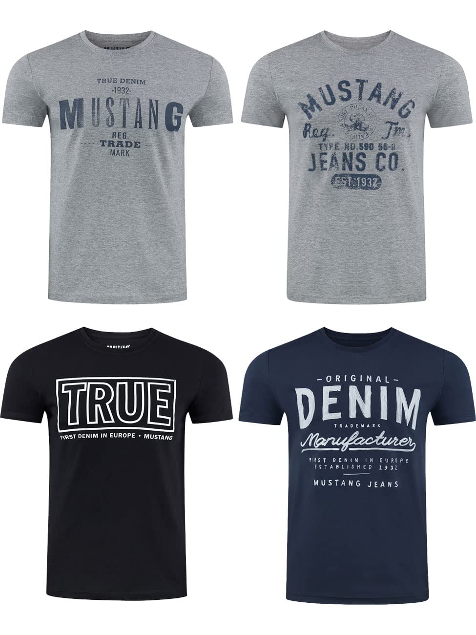 MUSTANG Herren T-Shirt 4er Pack Frontprint O-Neck Rundhalsausschnitt Kurzarm Regular Tee Shirt 100% Baumwolle Schwarz Weiß Grau Blau Grün, Größe:3XL, Farbe:Farbmix (P14)