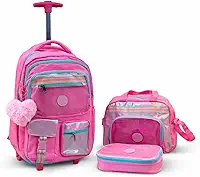 Kit Mochila Menina Infantil de Rodinha com Lancheira e Estojo Grande Escolar Ideal para Passeios Viagens Furta Cor Holografico
