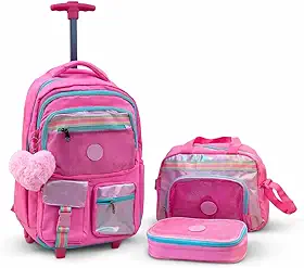 Kit Mochila Menina Infantil de Rodinha com Lancheira e Estojo Grande Escolar Ideal para Passeios Viagens Furta Cor Holografico