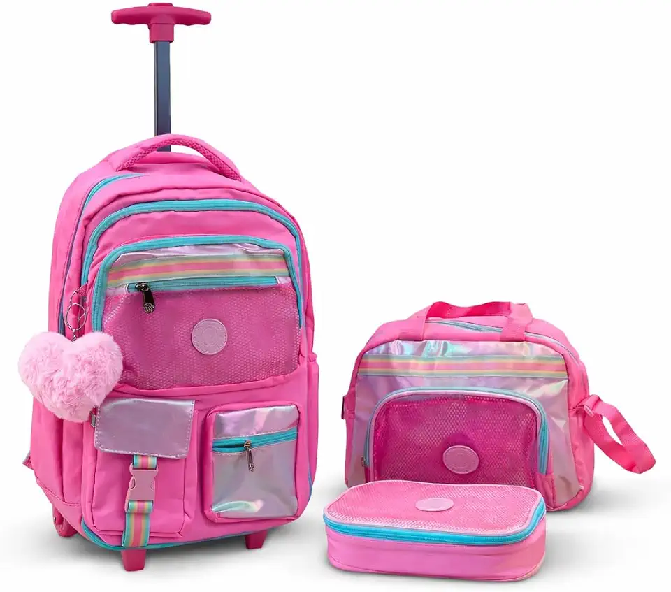 Kit Mochila Menina Infantil de Rodinha com Lancheira e Estojo Grande Escolar Ideal para Passeios Viagens Furta Cor Holografico