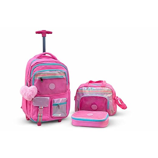 Kit Mochila Menina Infantil de Rodinha com Lancheira e Estojo Grande Escolar Ideal para Passeios Viagens Furta Cor Holografico