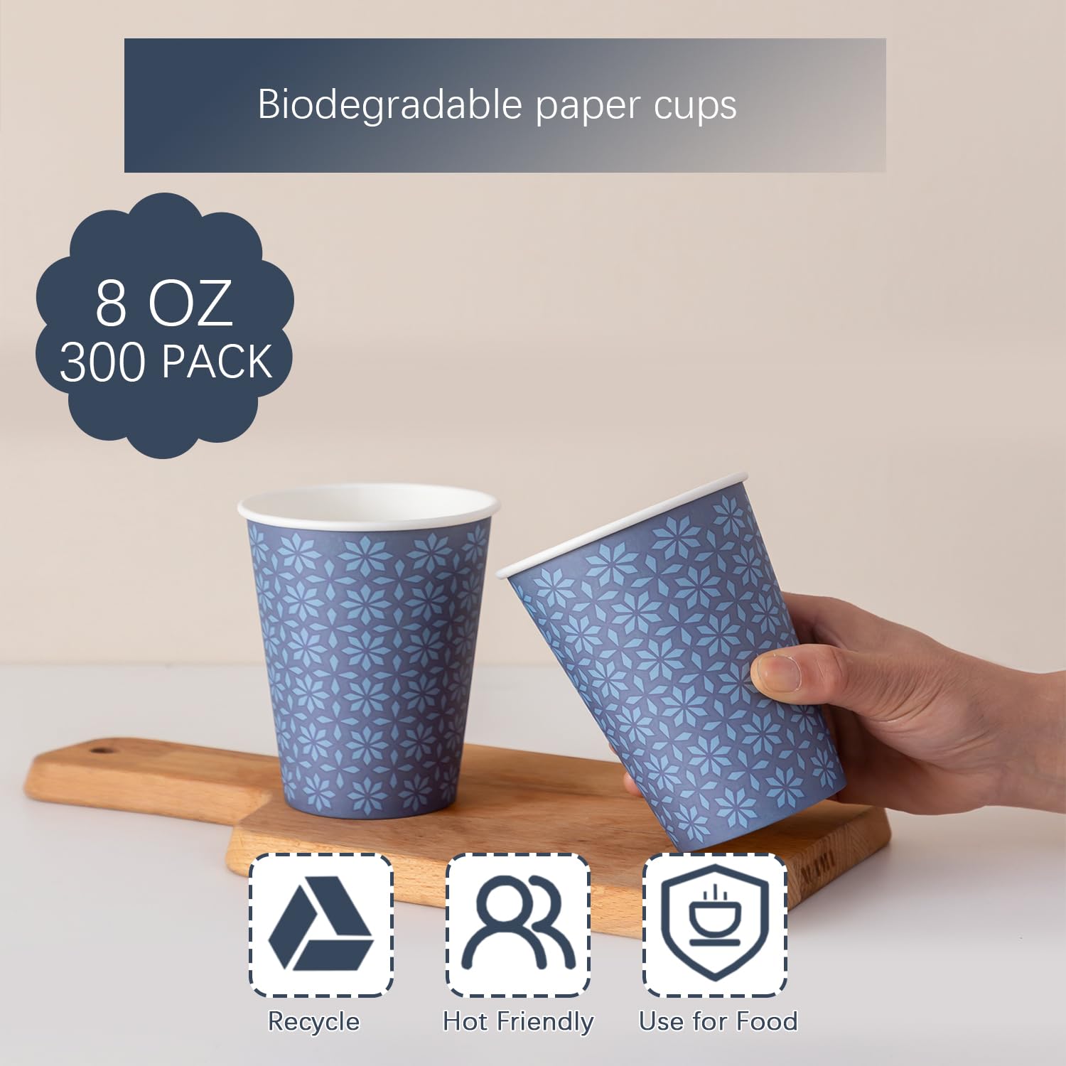 Clawsoff Paquete de 300 vasos de papel de 8 onzas, vasos desechables para bebidas calientes/frías, tazas de café de papel de 8 onzas, tazas de café florales azul marino para fiestas, picnic, viajes y