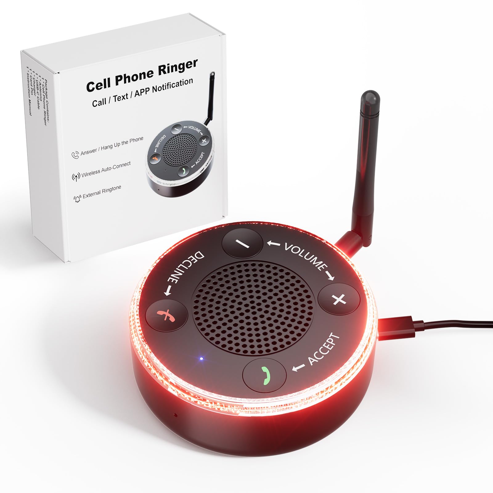 Amplificateur de sonnerie et clignotant pour téléphone portable – Flash rouge-bleu ultra fort et lumineux de 116 dB – Réponse/déclin en une touche, appariement sans fil pour malentendants/personnes