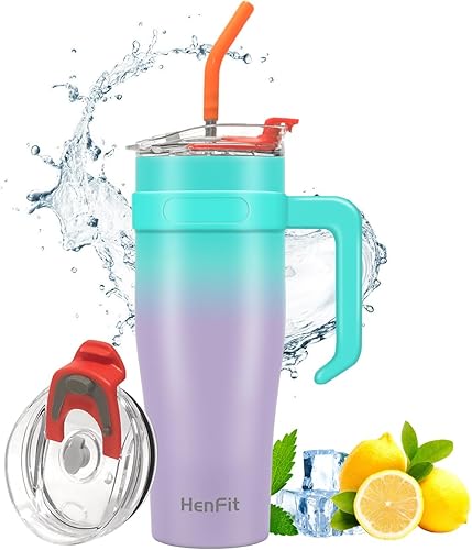 Vaso de 40 onzas con asa y popote, taza de viaje de acero inoxidable aislada, mantiene el frío hasta 34 horas, a prueba de sudor, apto para