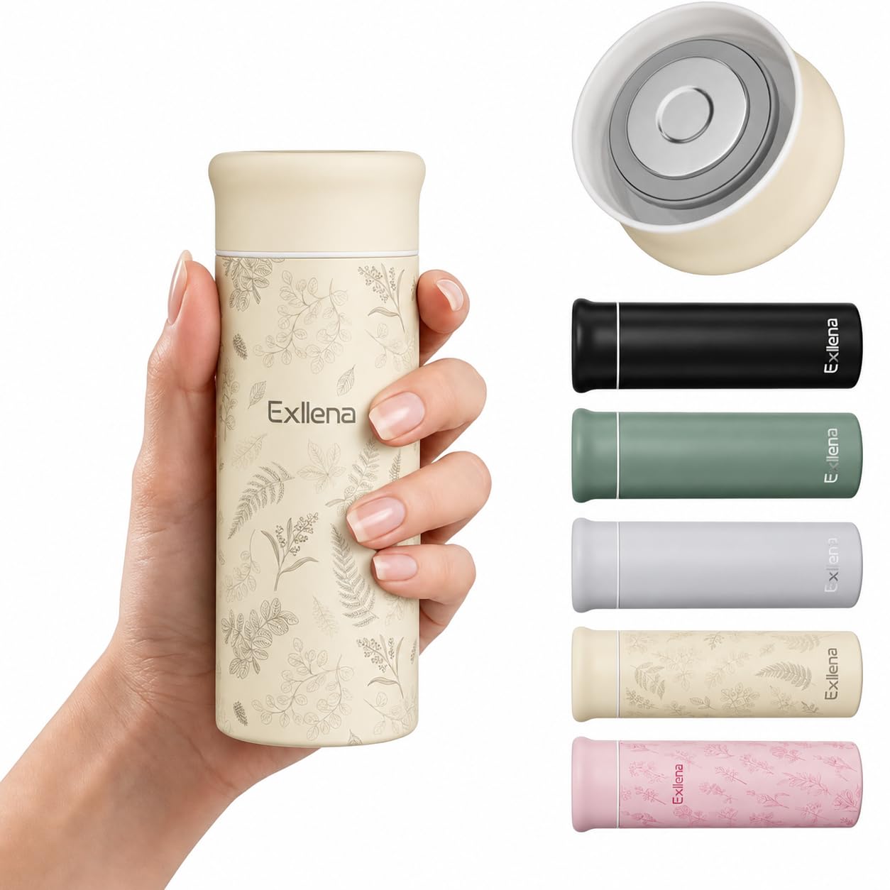 Exllena 250ml Mini Thermal Flask – 100% Leakproof Pocket Travel Mug for Flat White Coffee & Tea – Slim Stainless Steel Small Water Bottle for Handbag, Commute, Milk – BPA Free(Butter Botanical)