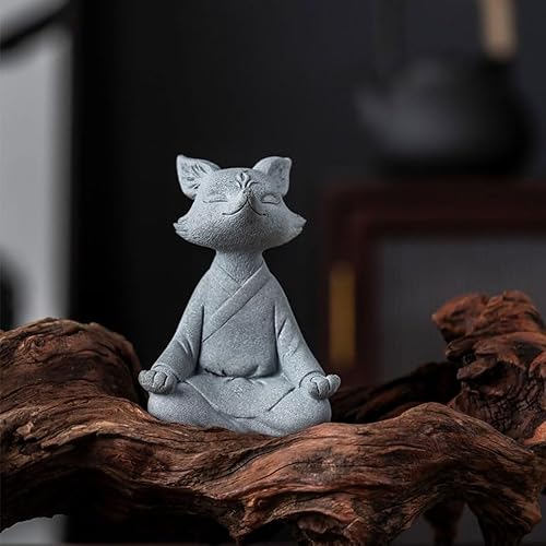 Miniatura 3 de Estatua de zorro meditante, esculturas de zorro rezando, figura zen para pecera, acuario, decoración de estantes al aire libre (C)