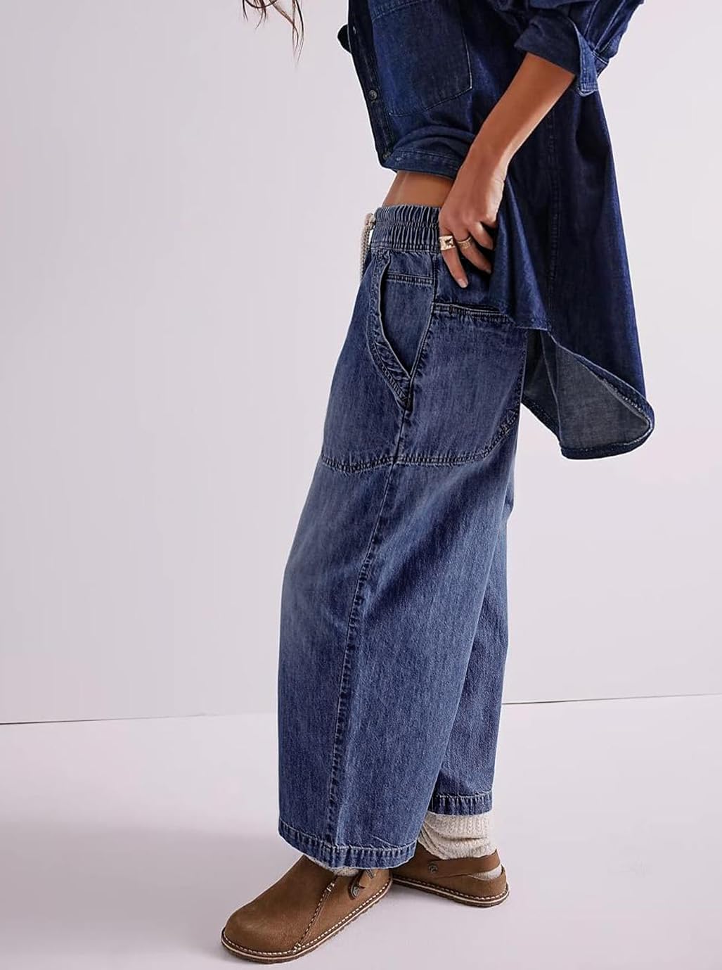 yoeasy Womens Wide Leg Jeans Mid Rise Elastic Drawstring Straight Leg Baggy Casual Ankle Denim Pants with Pockets - Image 3