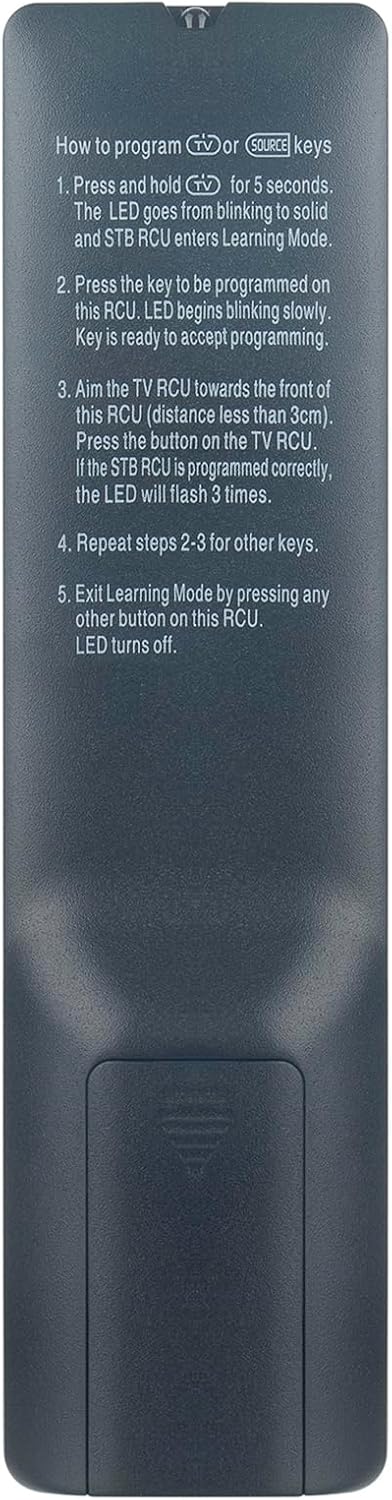 Back of the ALLIMITY Replacement Remote Control, showing the battery compartment and instructions for programming TV/Source keys.
