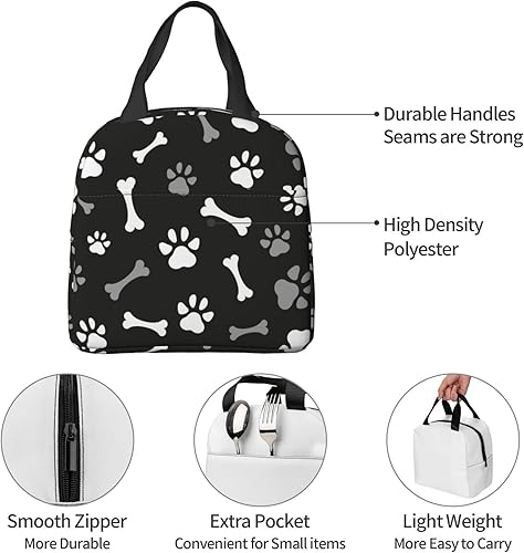 Miniatura 4 de Fiokroo Bolsa de almuerzo aislada con patas y huesos de perro, huellas de animales, reutilizable, impermeable, bolsa de almuerzo para escuela,