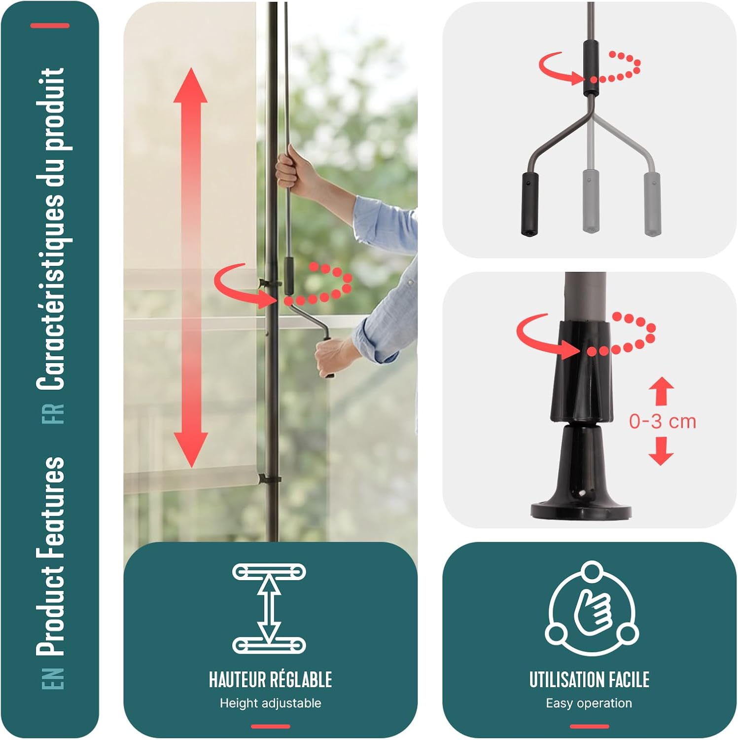 Diagram showing the height adjustment mechanism, crank operation, and adjustable base of the vertical awning.