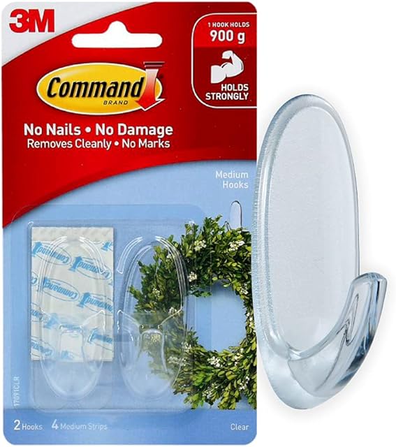 Command Medium Hook, Pack of 2 Hooks and 4 Adhesive Strips, Transparent - Damage Free Hanging - Holds up to 900g