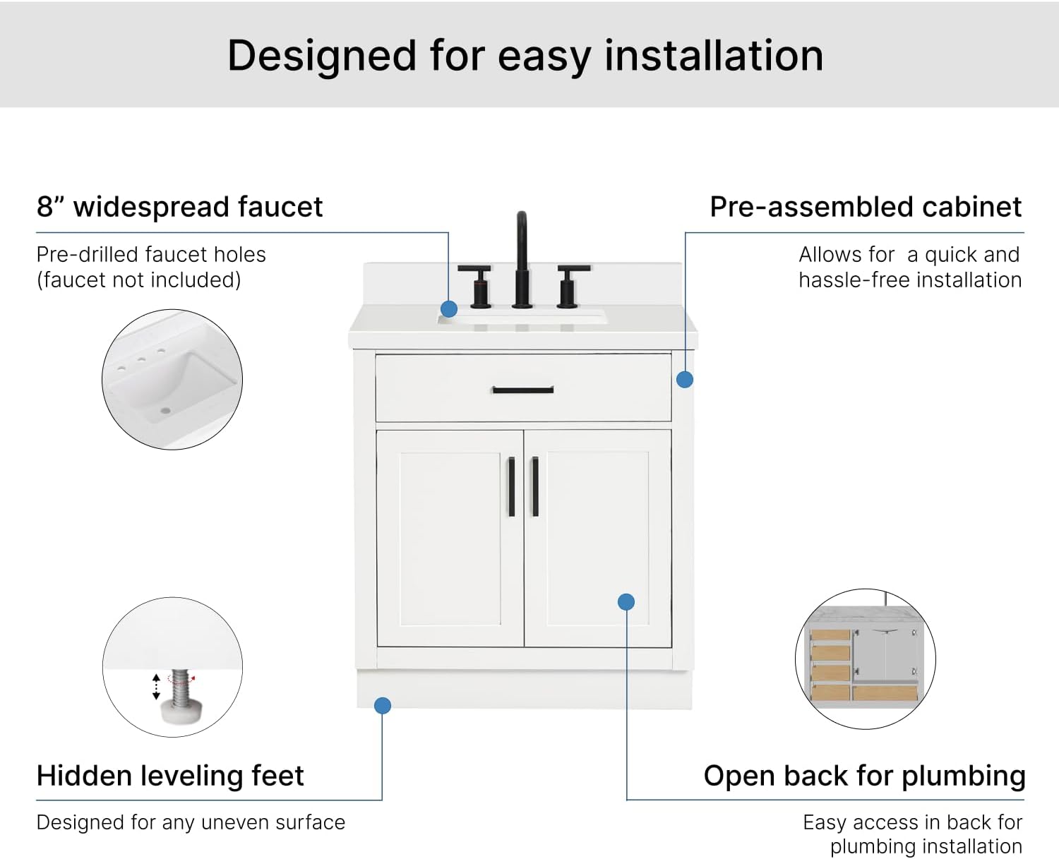 ARIEL Hepburn 30-inch Bathroom Vanity with Sink,Solid Wood, 1.5-inch Pure White Quartz Countertop & Backsplash, Single Rectangular Porcelain Sink, 2 Soft Closing Doors, 1 Dovetail Drawers, White