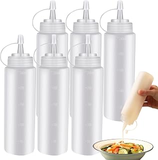 6 Pcs 8 Oz Condiment Squeeze Bottles, Plastic Squeeze Squirt Bottles with Twist on Caps and Measurement, Container Dispenser for Ketchup Mustard BBQ Sauces Salad Dressings Olive Oil