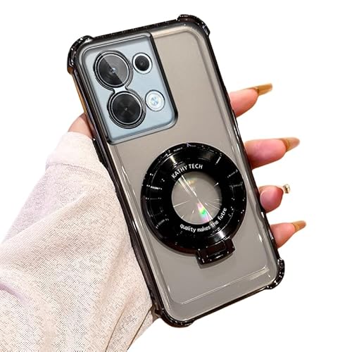Silicone Case Compatible with Oppo Reno 8 Cover, Soft TPU with Foldable Ring Stand Four Corners Shockproof Transparent Plating Protection Case for Oppo Reno 8 Cover for Women Men (Black)
