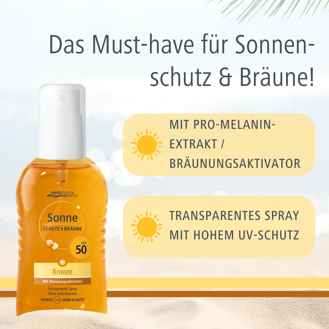 Sonne Schutz&Bräune Bronze Pump-Spray LSF 50 - Sonnenspray mit Bräunungsaktivator - zur Unterstützung der natürlichen Bräune - transparent - ohne Selbstbräuner - von medipharma cosmetics - 200 ml