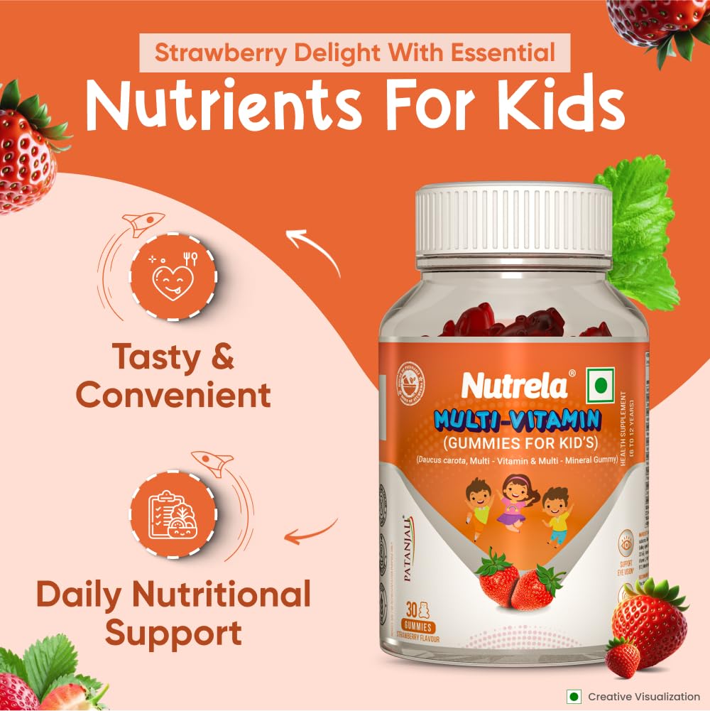 Nutrela Multivitamin For Kids - 30 Bear Gummies with Strawberry Flavour | Supports Eye Vission, Daily Wellness and Boost Immunity - 6 to 12 Years Nutrela Multivitamin For Kids - 30 Bear Gummies with Strawberry Flavour | Supports Eye Vission, Daily Wellness and Boost Immunity - 6 to 12 Years