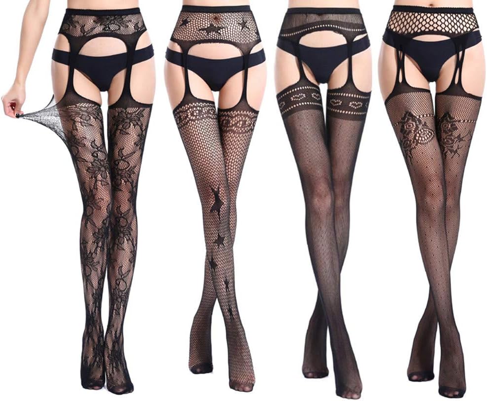 Womens Stockings Thigh High Sexy Fishnet Lace Suspender Pantyhose Stretchy 4-Pack