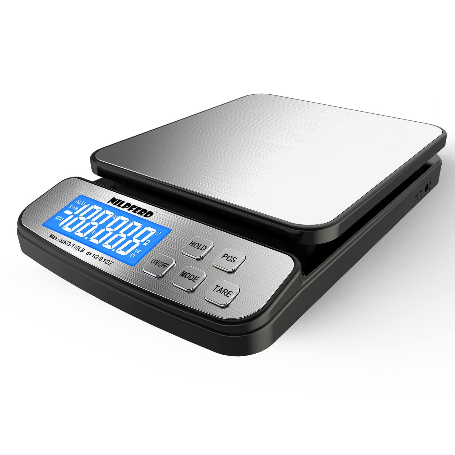 Nilpferd Bilancia digitale per pacchi fino a 50 kg, bilancia postale, bilancia da lettere, bilancia per tutti gli scopi (casa, ufficio, precisione grammatica, batterie incluse (argento)