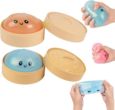 Squishy Glitter Dumpling Set - 2 PCS Bao Bun Squishys with Steamer Box, Squishy Dumpling Toy, Squeezing Fidget Toys, Portable Stress Relief Squeezing Toy for Anxiety Stress Relief Orange+Blue