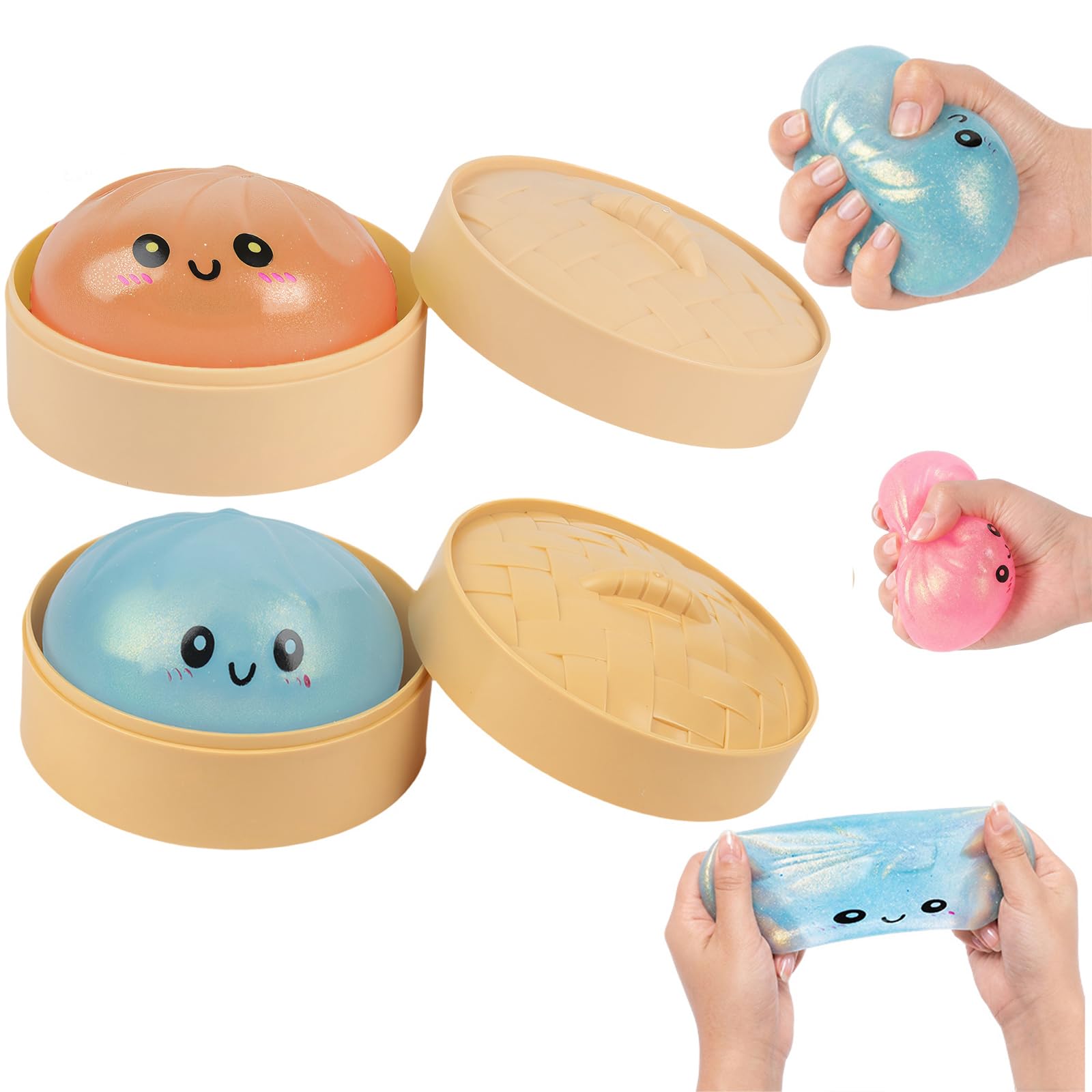 Squishy Glitter Dumpling Set - 2 PCS Bao Bun Squishys with Steamer Box, Squishy Dumpling Toy, Squeezing Fidget Toys, Portable Stress Relief Squeezing Toy for Anxiety Stress Relief (Orange+Blue）