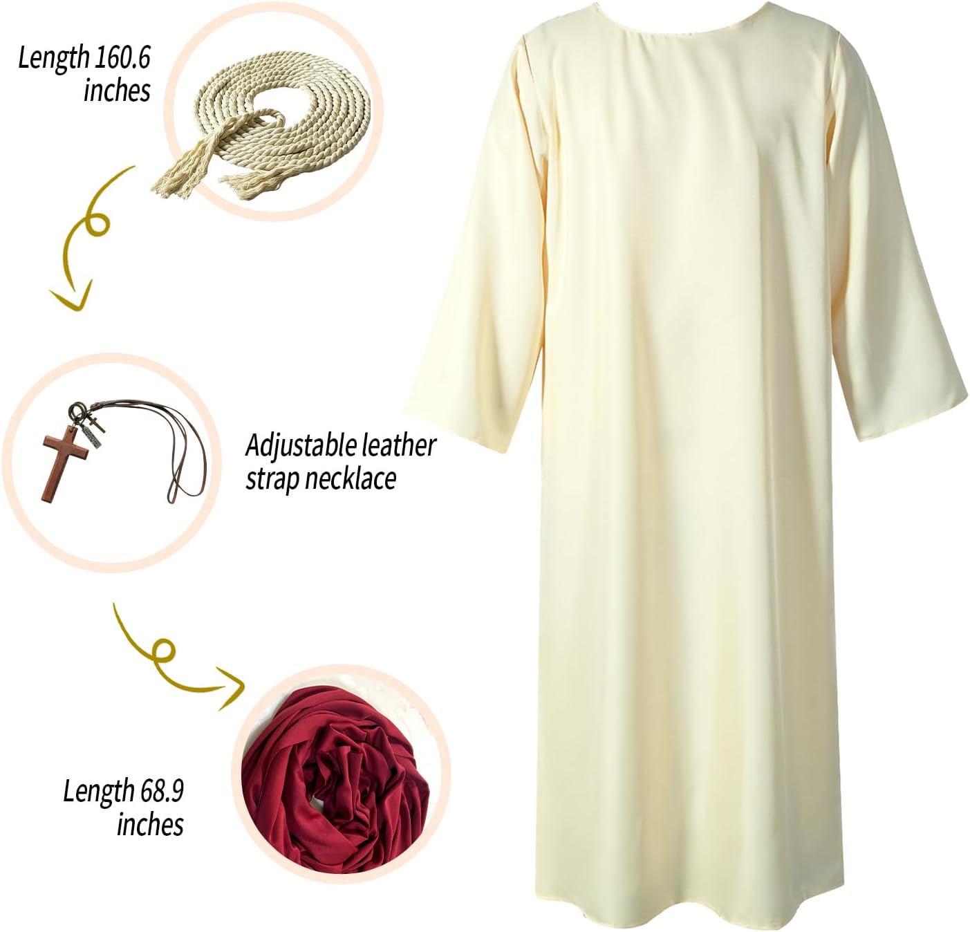 Adult Cosplay Costume White Robe with Red Scarf and Accessories for Party or Halloween - Image 4