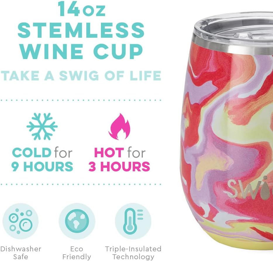 Swig 14oz Wine Tumbler | Insulated Wine Tumbler with Lid, Dishwasher Safe, Stainless Steel Wine Tumblers for Women, Insulated Wine Cups, Outdoor Wine Glasses, Travel Wine Glass (Pink Lemonade)