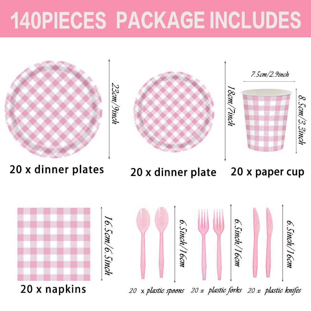 140Pcs Gingham Party Supplies for 20 Guests Thick Paper Plates and Napkins Knives Spoons Forks Cups Disposable Party Set Cutlery for Dinner Baby Shower Wedding Favor (Pink)