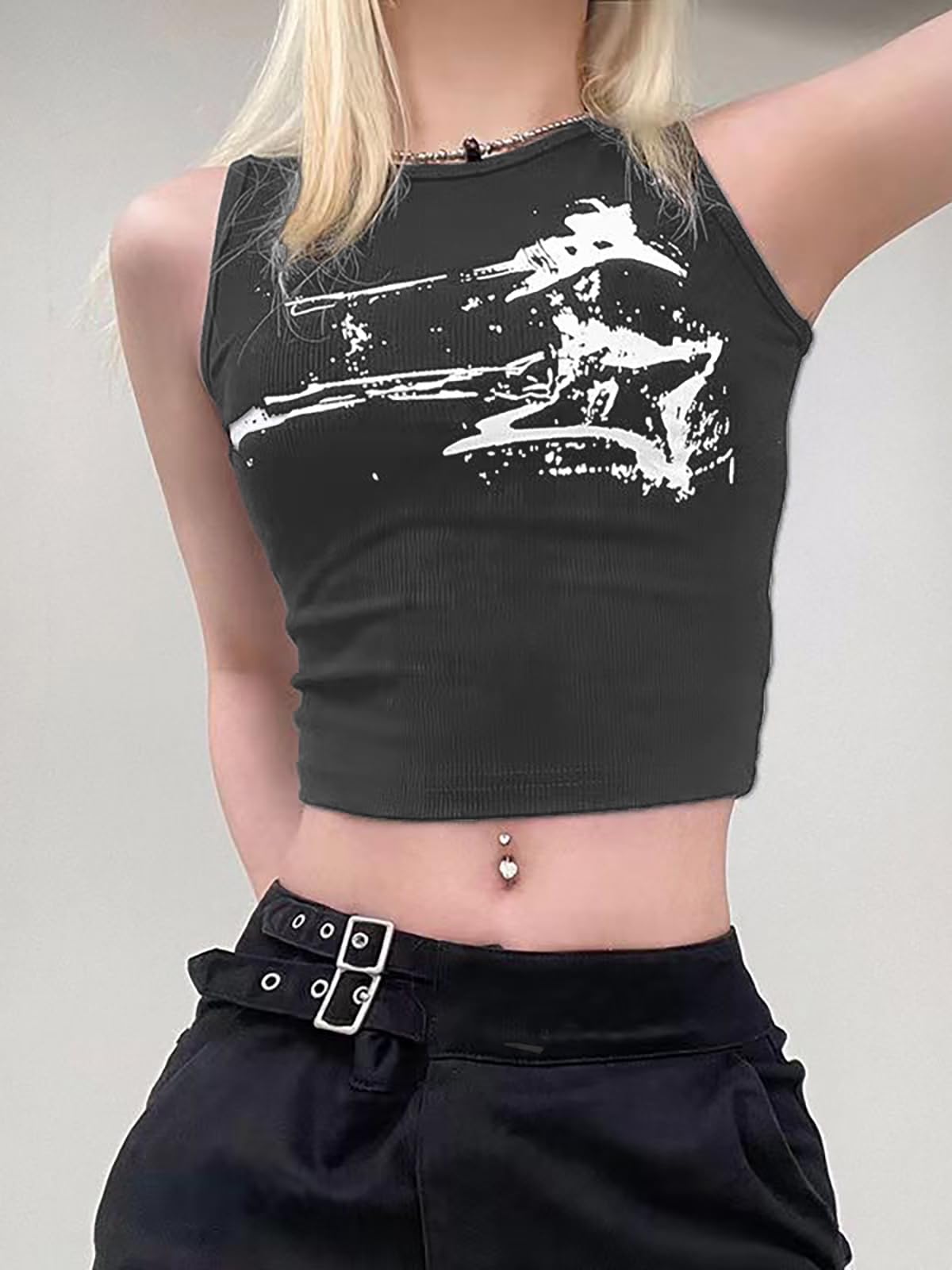 LQI Women's Tank Tops, Guitar Ribbed Summer Tops Sleeveless Y2K Crop Tops: Medium C Grey