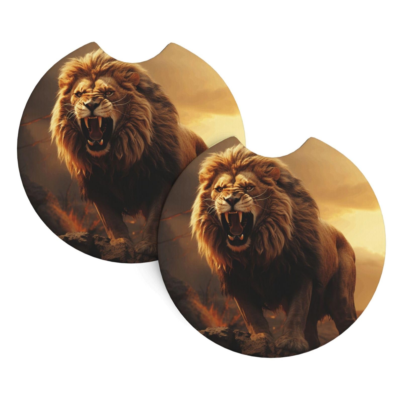 2PCS Car Coaster for Cup Holders Universal Auto Cup Mat Angry Roaring Lion Cup Coaster Pad 2.7" Waterproof Neoprene Non-Slip Cup Holder Coasters Car Interior Accessories for Women Men