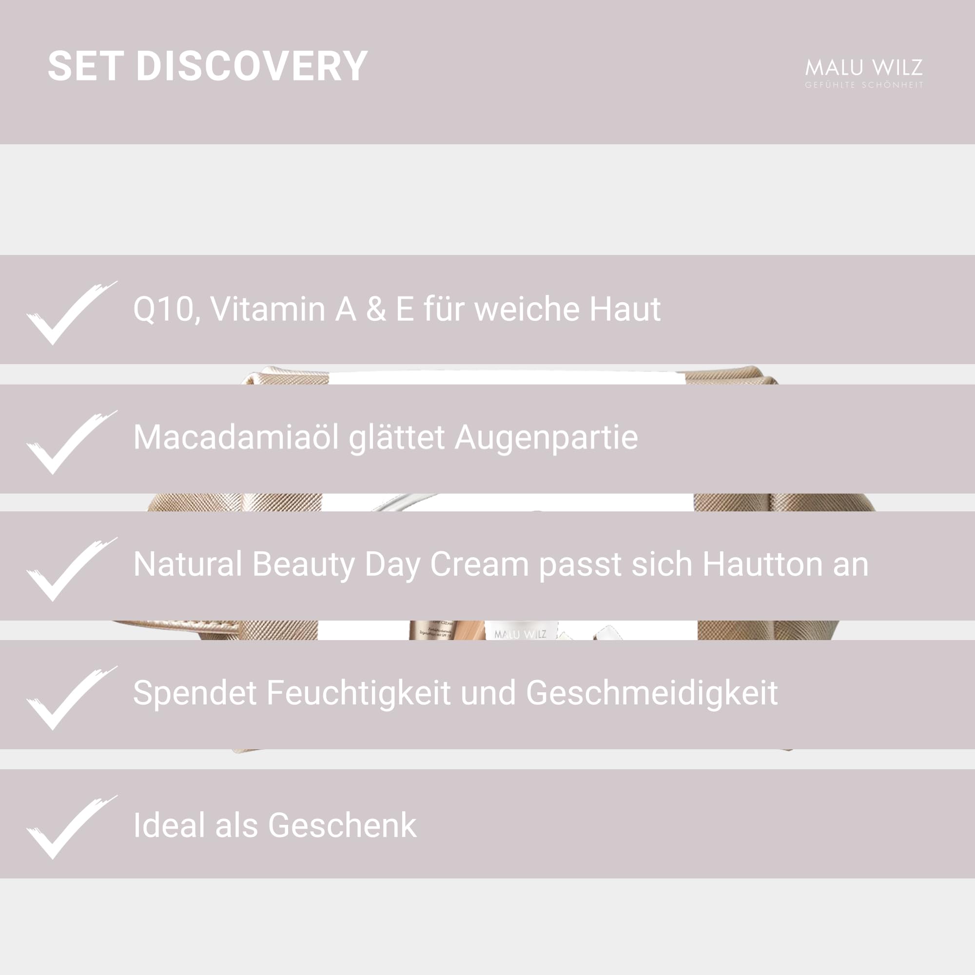 Malu Wilz Discovery Pflegeset - Beauty Set mit Q10 Energizer, Eye Control Cream und Natural Beauty Day Cream, Hochwirksame Gesichtspflege mit Anti Aging Effekt
