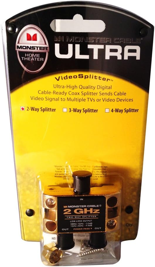 Monster Cable Ultra Two Gigahertz Low-Loss RF Splitter for TV and Satellite - 2 Way 2 GHz RF Splitter