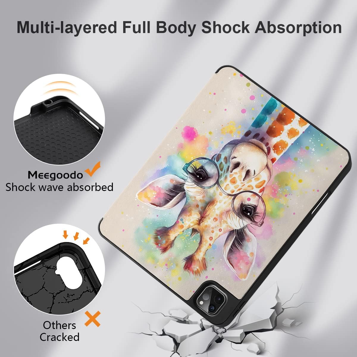 MEEgoodo Case for iPad Pro 12.9 Case M2 6th/5th/4th/3rd Generation 2022 2021 2020 2018, Protective Tablet Cover with Soft Back Shell for Kids, Giraffe
