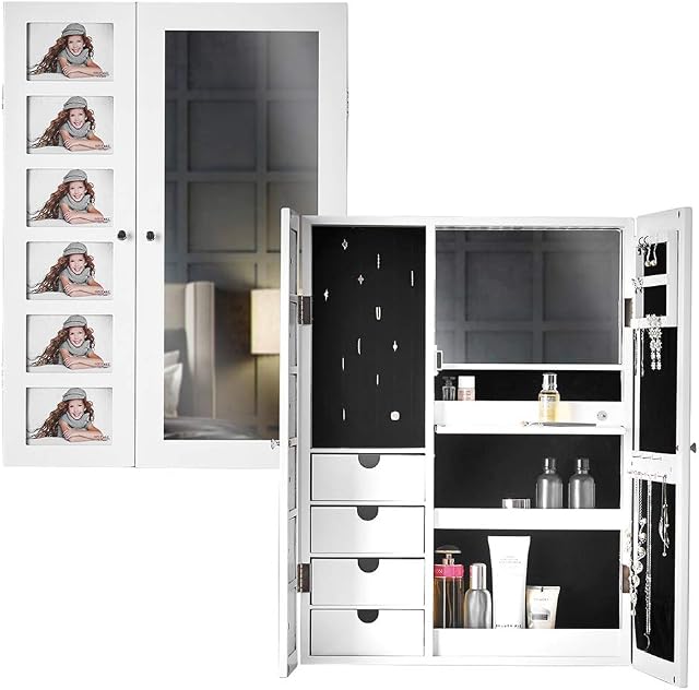 ice cream what's your flavour? Harper - Wall Mounted/Desktop White Jewellery Mirror Cabinet with Internal LED Lights & Photo Frame Bedroom Makeup Storage
